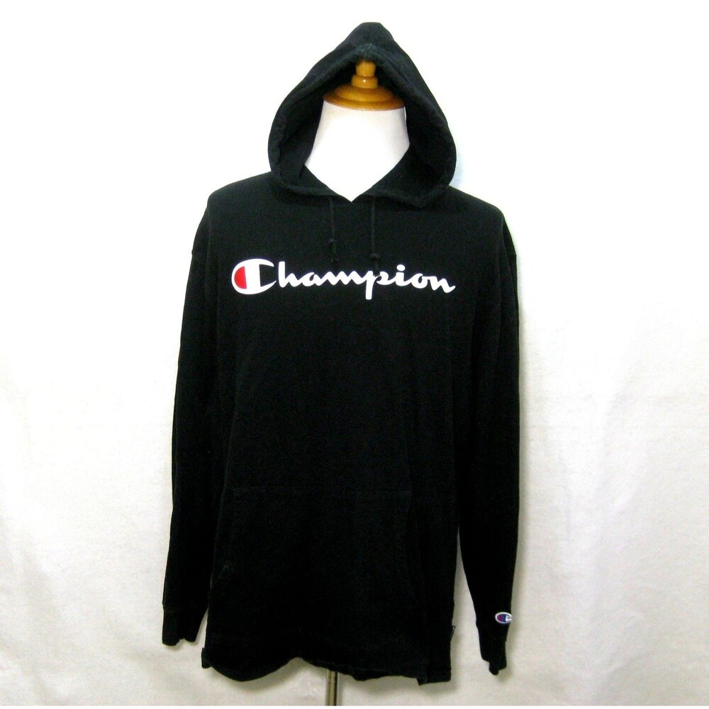 Champion Hoodie Mens 2XL Black Athletic Hooded Sweatshirt Spellout Graphic Logo